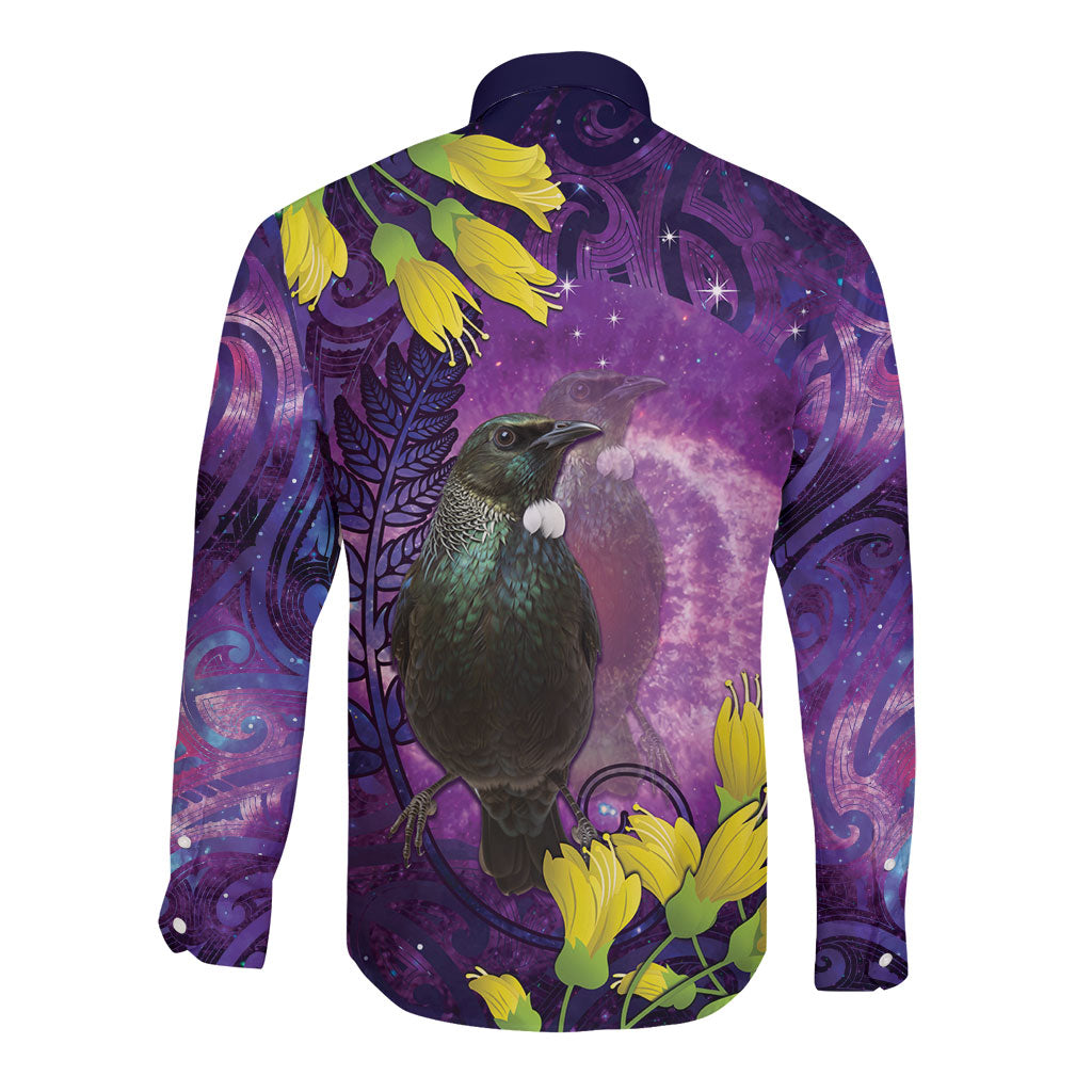 New Zealand Tui Bird Matariki Long Sleeve Button Shirt Kowhai Flower Silver Fern Galaxy Maori Pattern LT22 - Polynesian Pride