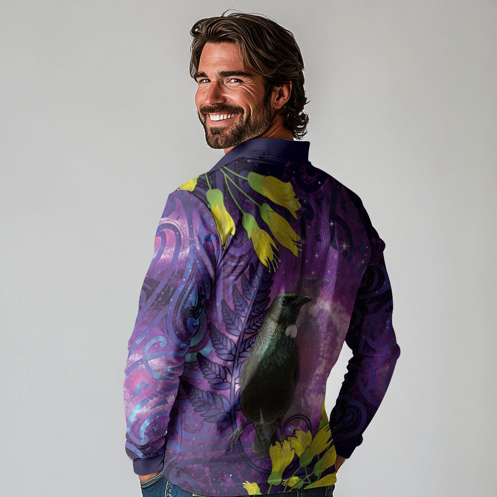 New Zealand Tui Bird Matariki Long Sleeve Polo Shirt Kowhai Flower Silver Fern Galaxy Maori Pattern LT22 - Polynesian Pride