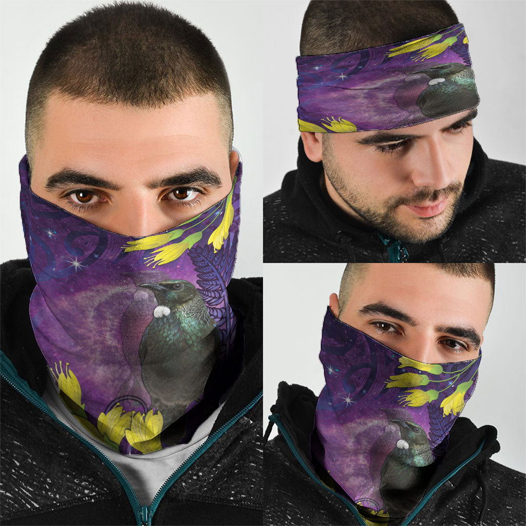 New Zealand Tui Bird Matariki Neck Gaiter Kowhai Flower Silver Fern Galaxy Maori Pattern LT22 - Polynesian Pride