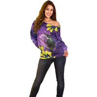New Zealand Tui Bird Matariki Off Shoulder Sweater Kowhai Flower Silver Fern Galaxy Maori Pattern LT22 - Polynesian Pride
