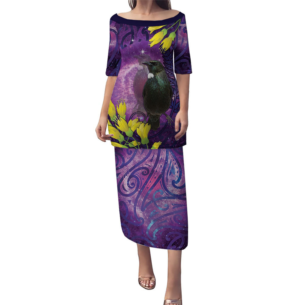 New Zealand Tui Bird Matariki Puletasi Kowhai Flower Silver Fern Galaxy Maori Pattern LT22 Long Dress Purple - Polynesian Pride