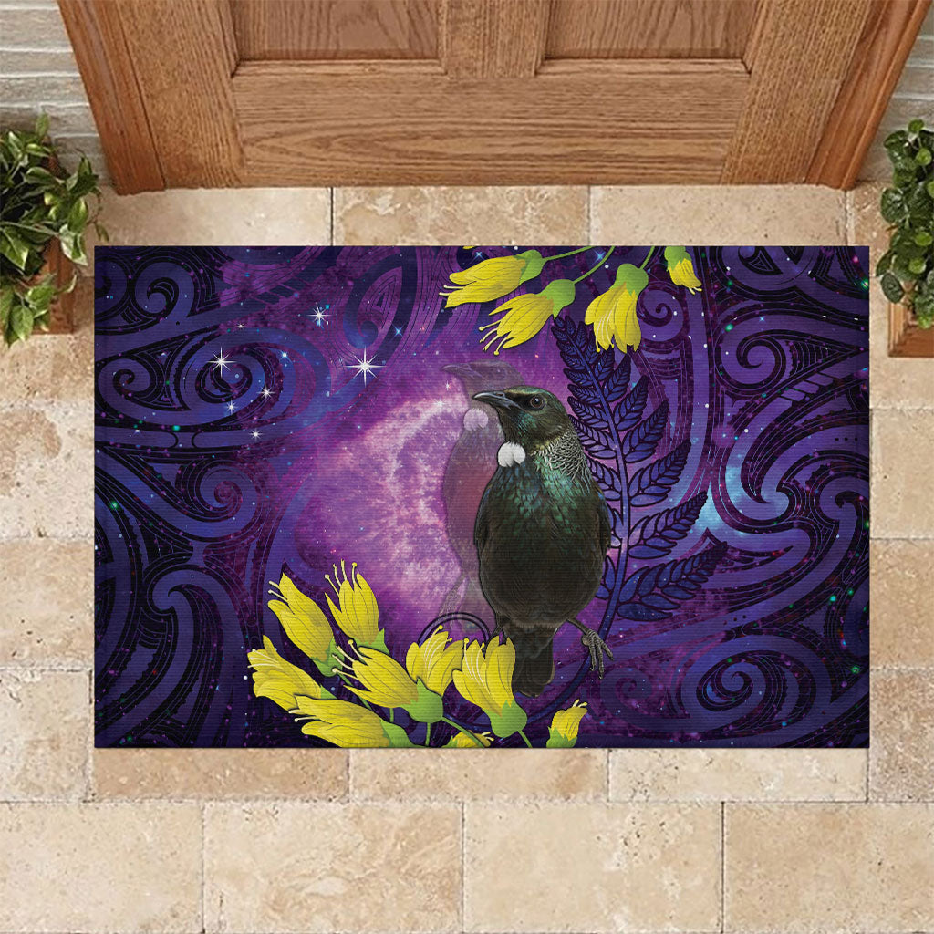 New Zealand Tui Bird Matariki Rubber Doormat Kowhai Flower Silver Fern Galaxy Maori Pattern