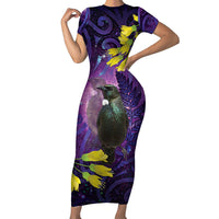 New Zealand Tui Bird Matariki Short Sleeve Bodycon Dress Kowhai Flower Silver Fern Galaxy Maori Pattern LT22 Long Dress Purple - Polynesian Pride