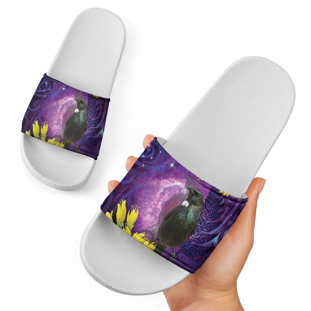 New Zealand Tui Bird Matariki Slide Sandals Kowhai Flower Silver Fern Galaxy Maori Pattern LT22 - Polynesian Pride
