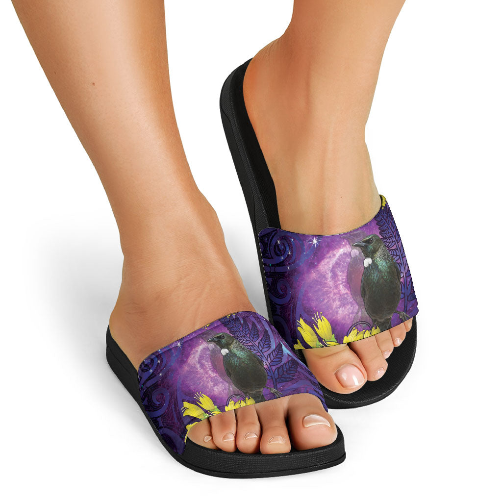New Zealand Tui Bird Matariki Slide Sandals Kowhai Flower Silver Fern Galaxy Maori Pattern LT22 - Polynesian Pride