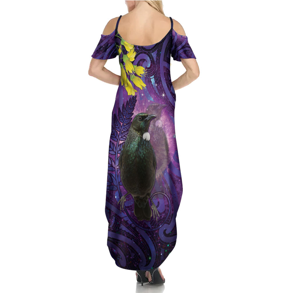 New Zealand Tui Bird Matariki Summer Maxi Dress Kowhai Flower Silver Fern Galaxy Maori Pattern LT22 - Polynesian Pride