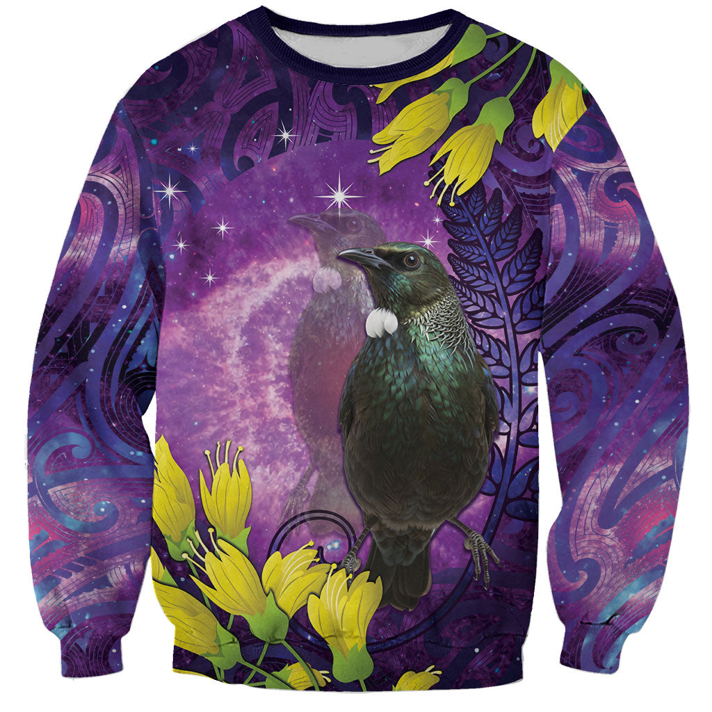 New Zealand Tui Bird Matariki Sweatshirt Kowhai Flower Silver Fern Galaxy Maori Pattern