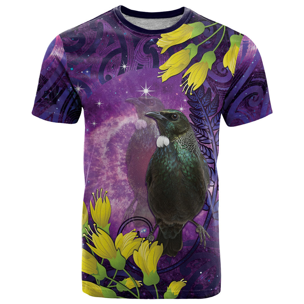 New Zealand Tui Bird Matariki T Shirt Kowhai Flower Silver Fern Galaxy Maori Pattern LT22 Purple - Polynesian Pride