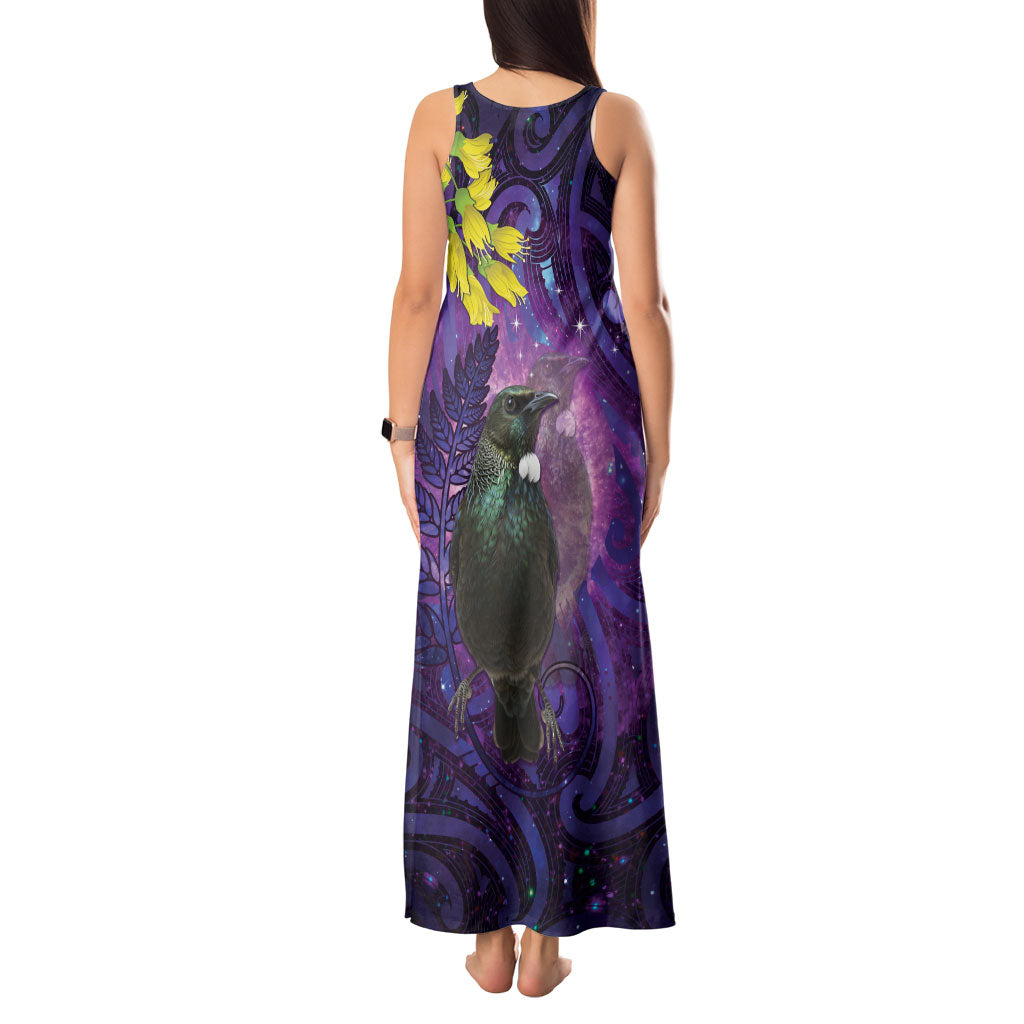 New Zealand Tui Bird Matariki Tank Maxi Dress Kowhai Flower Silver Fern Galaxy Maori Pattern LT22 - Polynesian Pride