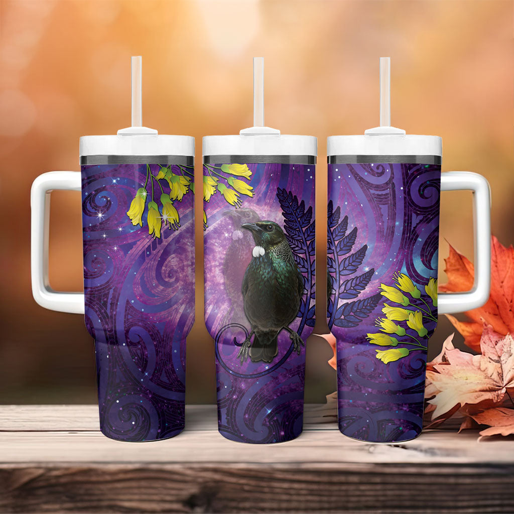 New Zealand Tui Bird Matariki Tumbler With Handle Kowhai Flower Silver Fern Galaxy Maori Pattern LT22 - Polynesian Pride