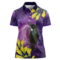 New Zealand Tui Bird Matariki Women Polo Shirt Kowhai Flower Silver Fern Galaxy Maori Pattern LT22 Female Purple - Polynesian Pride