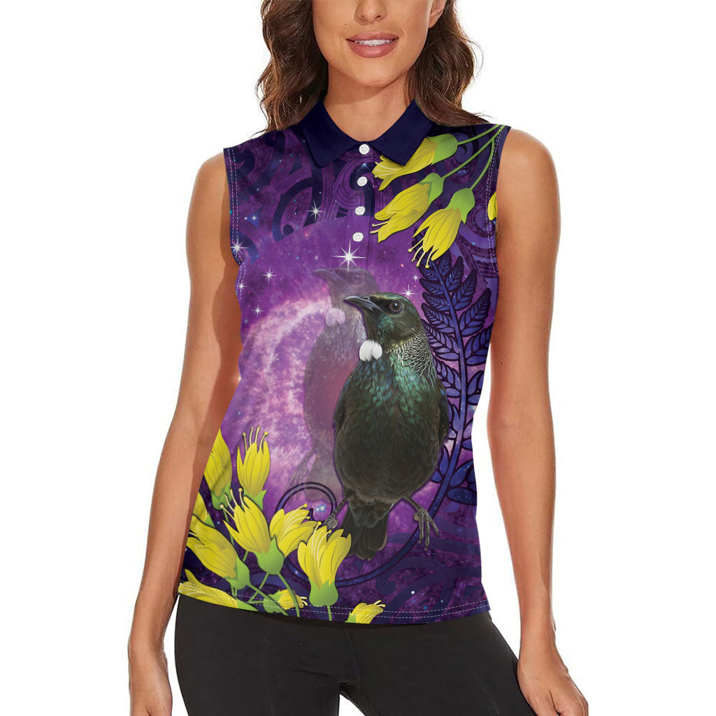 New Zealand Tui Bird Matariki Women Sleeveless Polo Shirt Kowhai Flower Silver Fern Galaxy Maori Pattern LT22 - Polynesian Pride