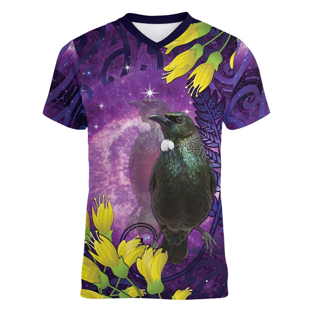 New Zealand Tui Bird Matariki Women V-Neck T-Shirt Kowhai Flower Silver Fern Galaxy Maori Pattern