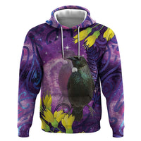 New Zealand Tui Bird Matariki Zip Hoodie Kowhai Flower Silver Fern Galaxy Maori Pattern LT22 Pullover Hoodie Purple - Polynesian Pride