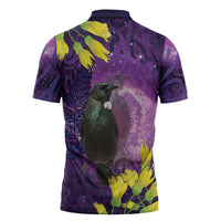 New Zealand Tui Bird Matariki Zipper Polo Shirt Kowhai Flower Silver Fern Galaxy Maori Pattern LT22 - Polynesian Pride