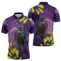 New Zealand Tui Bird Matariki Zipper Polo Shirt Kowhai Flower Silver Fern Galaxy Maori Pattern LT22 - Polynesian Pride