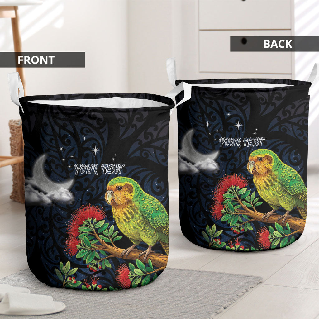 New Zealand Kakapo Matariki Personalised Laundry Basket Pohutukawa Flower Galaxy Maori Pattern