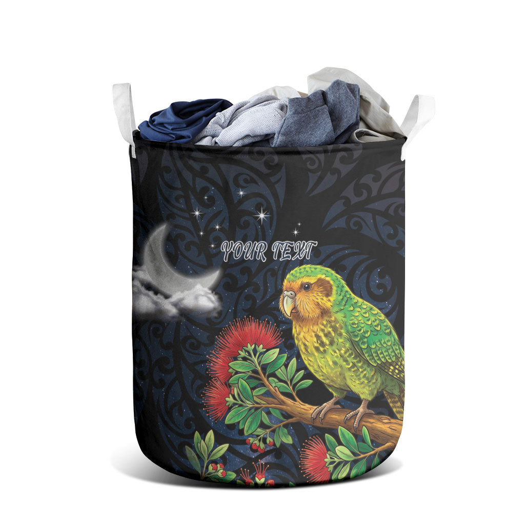 New Zealand Kakapo Matariki Personalised Laundry Basket Pohutukawa Flower Galaxy Maori Pattern