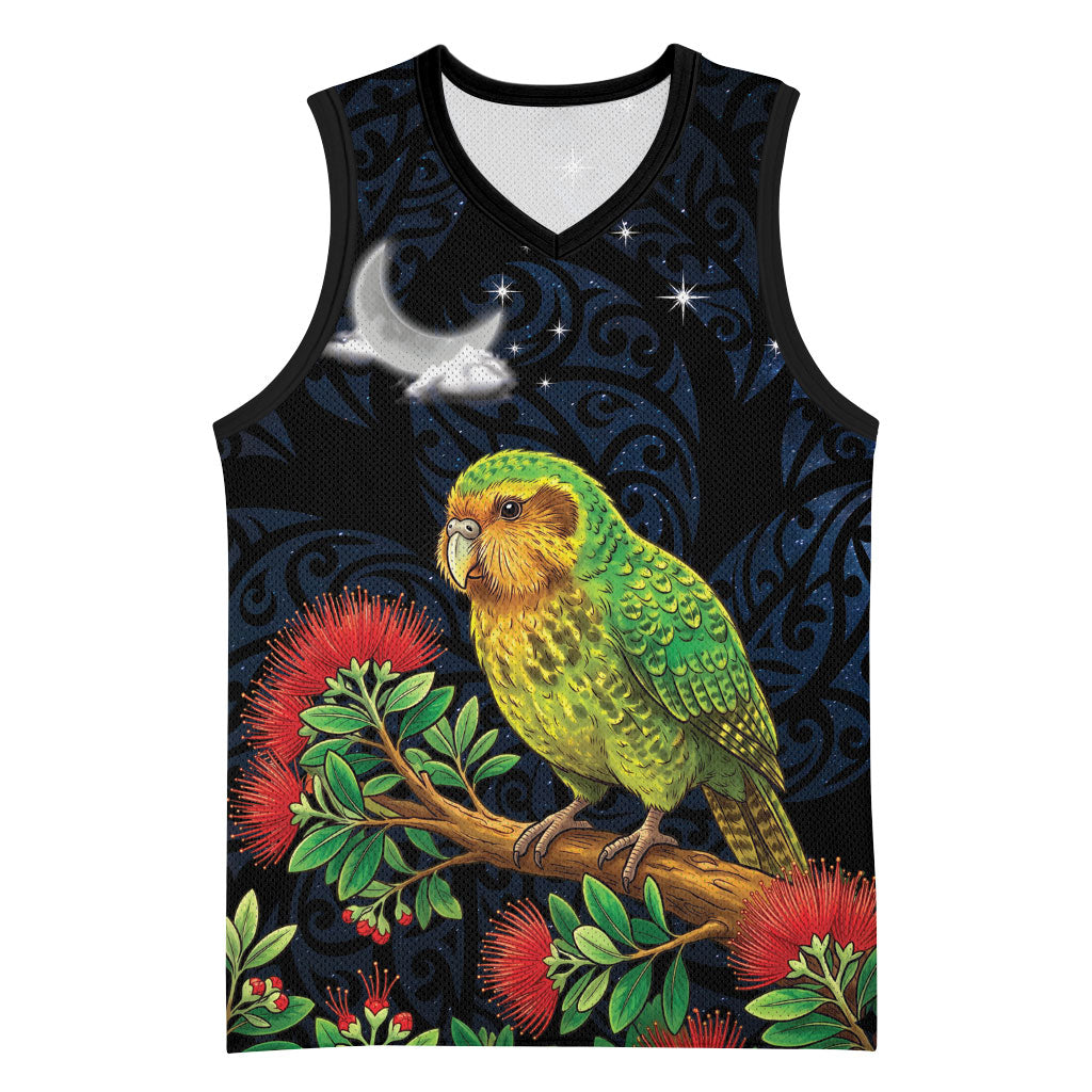 New Zealand Kakapo Matariki Personalised Basketball Jersey Pohutukawa Flower Galaxy Maori Pattern LT22 Unisex Black - Polynesian Pride