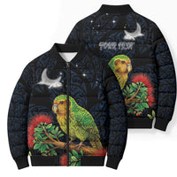 New Zealand Kakapo Matariki Personalised Bomber Puffer Jacket Pohutukawa Flower Galaxy Maori Pattern