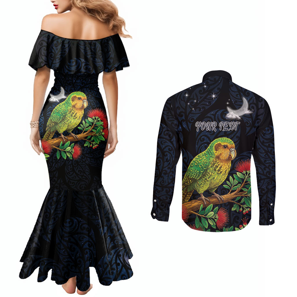 New Zealand Kakapo Matariki Personalised Couples Matching Mermaid Dress and Long Sleeve Button Shirt Pohutukawa Flower Galaxy Maori Pattern LT22 - Polynesian Pride