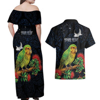 New Zealand Kakapo Matariki Personalised Couples Matching Off Shoulder Maxi Dress and Hawaiian Shirt Pohutukawa Flower Galaxy Maori Pattern LT22 - Polynesian Pride