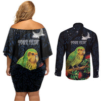 New Zealand Kakapo Matariki Personalised Couples Matching Off Shoulder Short Dress and Long Sleeve Button Shirt Pohutukawa Flower Galaxy Maori Pattern LT22 - Polynesian Pride