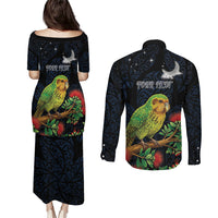 New Zealand Kakapo Matariki Personalised Couples Matching Puletasi and Long Sleeve Button Shirt Pohutukawa Flower Galaxy Maori Pattern LT22 - Polynesian Pride
