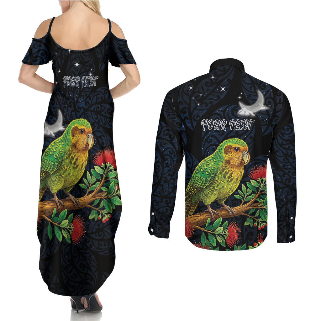 New Zealand Kakapo Matariki Personalised Couples Matching Summer Maxi Dress and Long Sleeve Button Shirt Pohutukawa Flower Galaxy Maori Pattern LT22 - Polynesian Pride