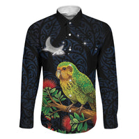 New Zealand Kakapo Matariki Personalised Family Matching Long Sleeve Bodycon Dress and Hawaiian Shirt Pohutukawa Flower Galaxy Maori Pattern LT22 Dad's Shirt - Long Sleeve Black - Polynesian Pride