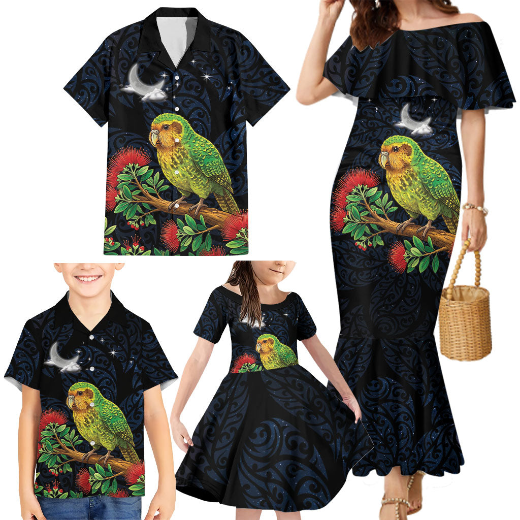 New Zealand Kakapo Matariki Personalised Family Matching Mermaid Dress and Hawaiian Shirt Pohutukawa Flower Galaxy Maori Pattern LT22 - Polynesian Pride