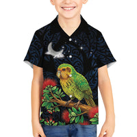New Zealand Kakapo Matariki Personalised Family Matching Mermaid Dress and Hawaiian Shirt Pohutukawa Flower Galaxy Maori Pattern LT22 Son's Shirt Black - Polynesian Pride