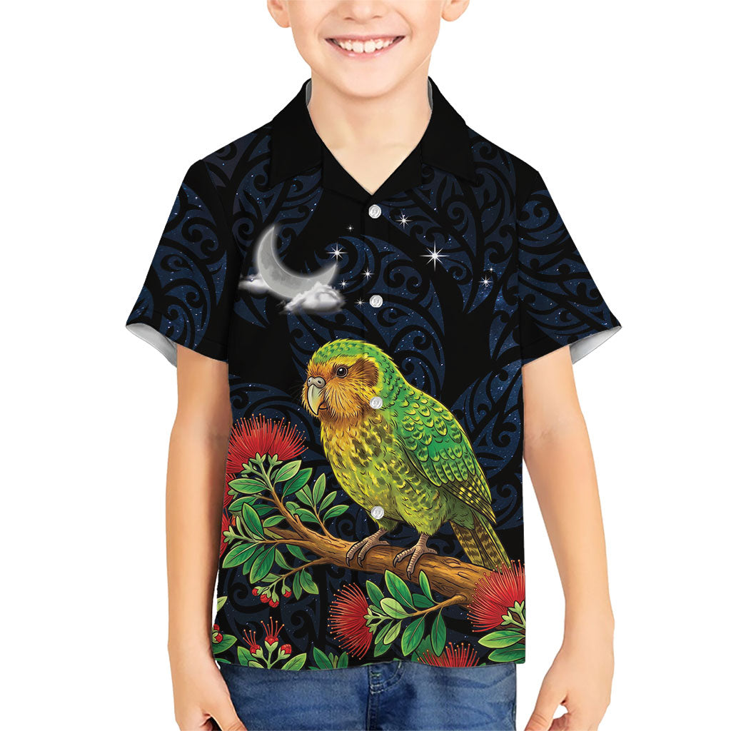 New Zealand Kakapo Matariki Personalised Family Matching Off Shoulder Short Dress and Hawaiian Shirt Pohutukawa Flower Galaxy Maori Pattern LT22 Son's Shirt Black - Polynesian Pride