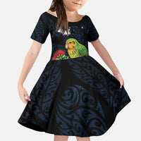 New Zealand Kakapo Matariki Personalised Family Matching Summer Maxi Dress and Hawaiian Shirt Pohutukawa Flower Galaxy Maori Pattern LT22 Daughter's Dress Black - Polynesian Pride