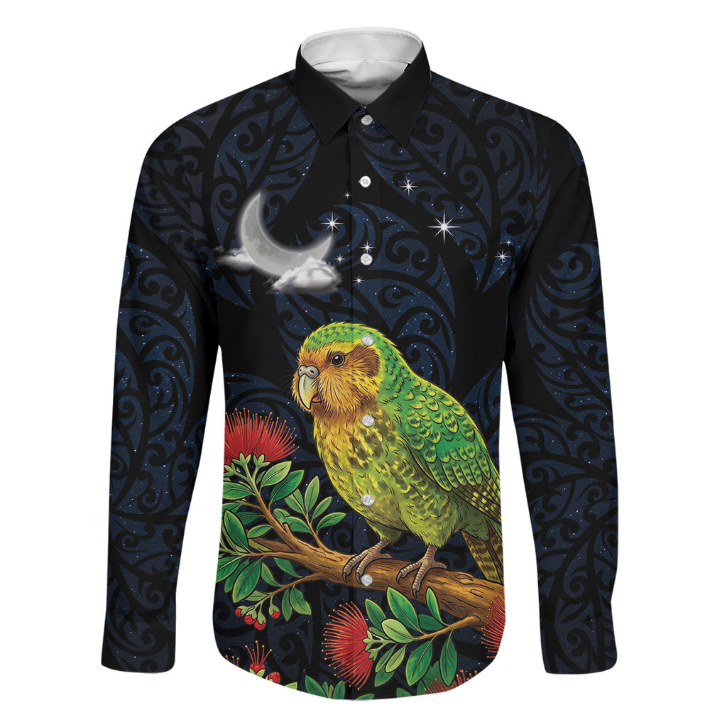 New Zealand Kakapo Matariki Personalised Family Matching Summer Maxi Dress and Hawaiian Shirt Pohutukawa Flower Galaxy Maori Pattern LT22 Dad's Shirt - Long Sleeve Black - Polynesian Pride