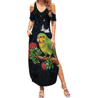 New Zealand Kakapo Matariki Personalised Family Matching Summer Maxi Dress and Hawaiian Shirt Pohutukawa Flower Galaxy Maori Pattern LT22 Mom's Dress Black - Polynesian Pride