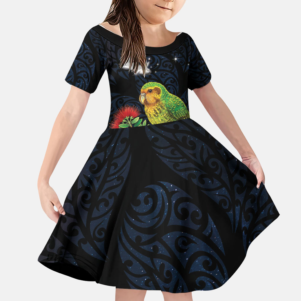 New Zealand Kakapo Matariki Personalised Family Matching Tank Maxi Dress and Hawaiian Shirt Pohutukawa Flower Galaxy Maori Pattern LT22 Daughter's Dress Black - Polynesian Pride