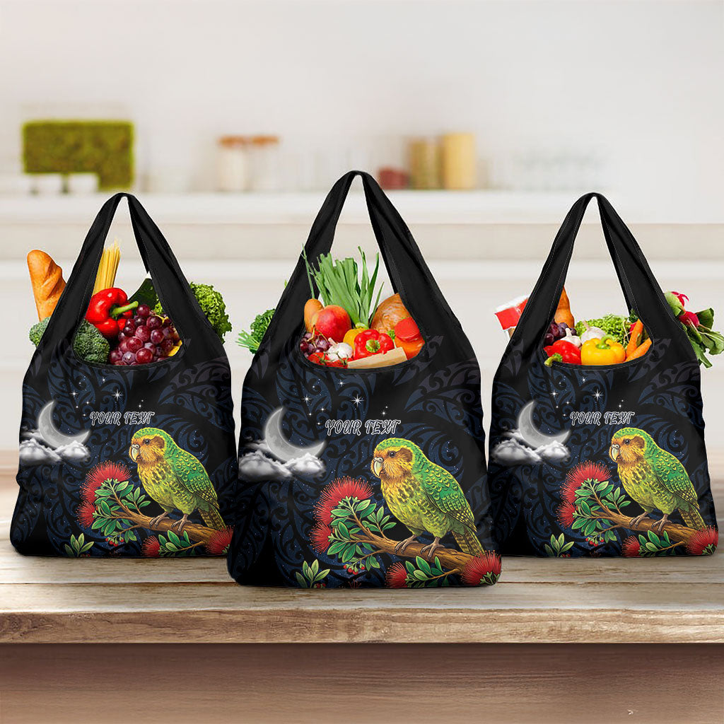 New Zealand Kakapo Matariki Personalised Grocery Bag Pohutukawa Flower Galaxy Maori Pattern