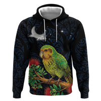 New Zealand Kakapo Matariki Personalised Hoodie Pohutukawa Flower Galaxy Maori Pattern LT22 Pullover Hoodie Black - Polynesian Pride