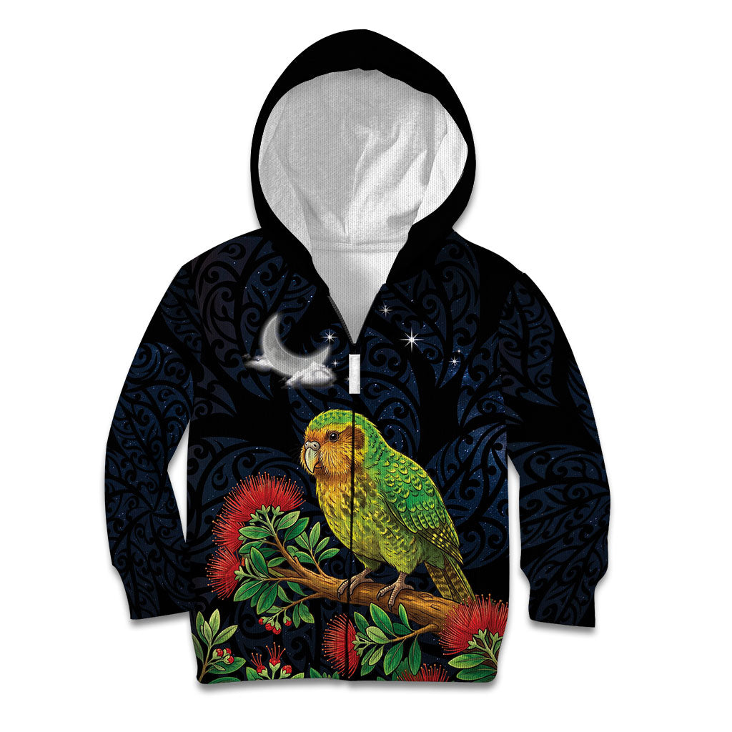 New Zealand Kakapo Matariki Personalised Kid Hoodie Pohutukawa Flower Galaxy Maori Pattern LT22 Zip Hoodie Black - Polynesian Pride