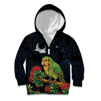 New Zealand Kakapo Matariki Personalised Kid Hoodie Pohutukawa Flower Galaxy Maori Pattern LT22 Zip Hoodie Black - Polynesian Pride
