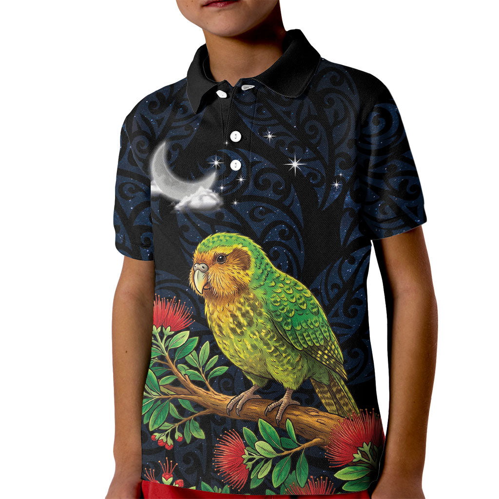 New Zealand Kakapo Matariki Personalised Kid Polo Shirt Pohutukawa Flower Galaxy Maori Pattern LT22 Kid Black - Polynesian Pride