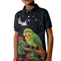 New Zealand Kakapo Matariki Personalised Kid Polo Shirt Pohutukawa Flower Galaxy Maori Pattern LT22 Kid Black - Polynesian Pride