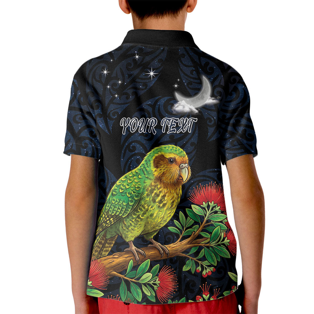 New Zealand Kakapo Matariki Personalised Kid Polo Shirt Pohutukawa Flower Galaxy Maori Pattern LT22 - Polynesian Pride