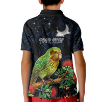 New Zealand Kakapo Matariki Personalised Kid Polo Shirt Pohutukawa Flower Galaxy Maori Pattern LT22 - Polynesian Pride
