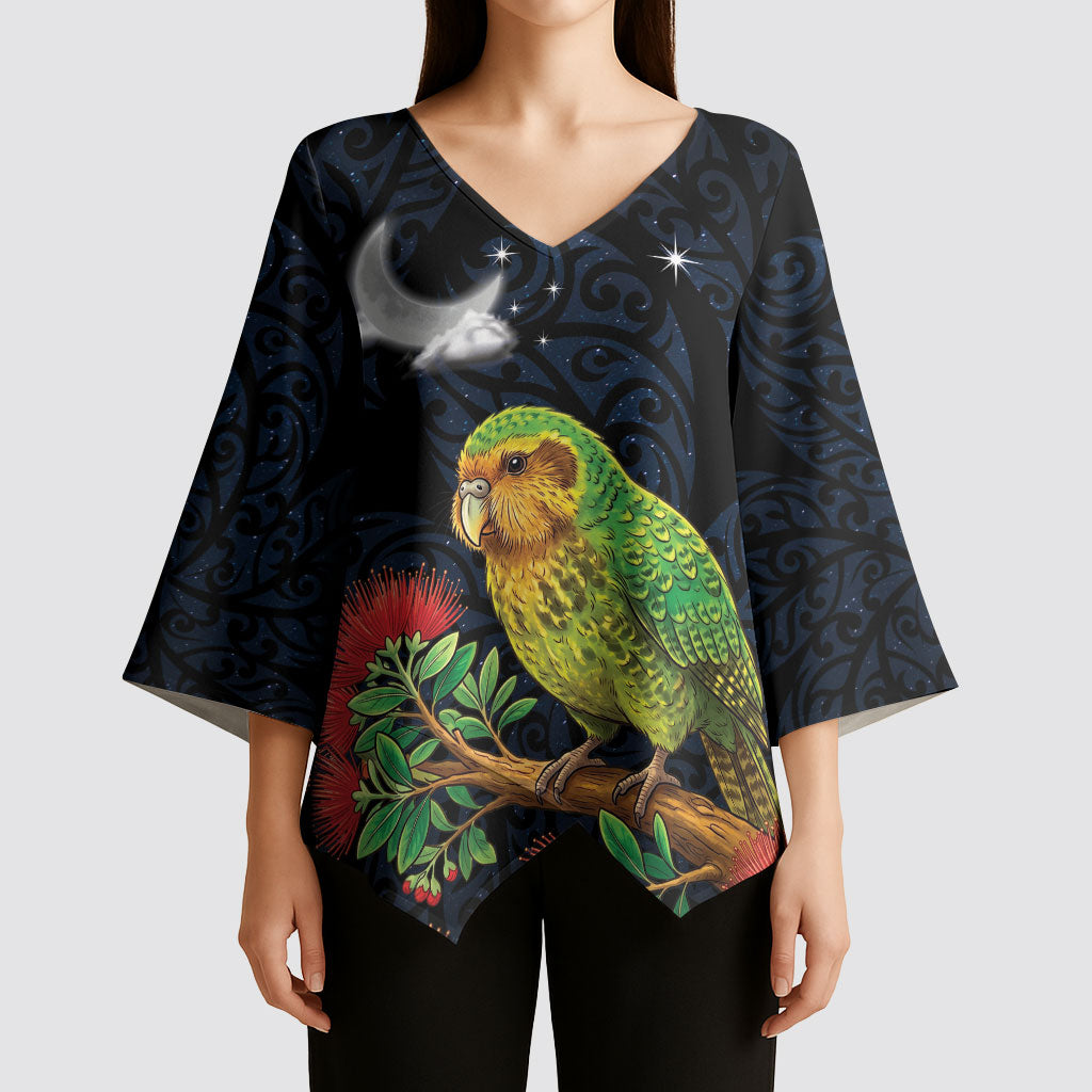 New Zealand Kakapo Matariki Personalised Kimono Sleeve Blouse Pohutukawa Flower Galaxy Maori Pattern LT22 - Polynesian Pride