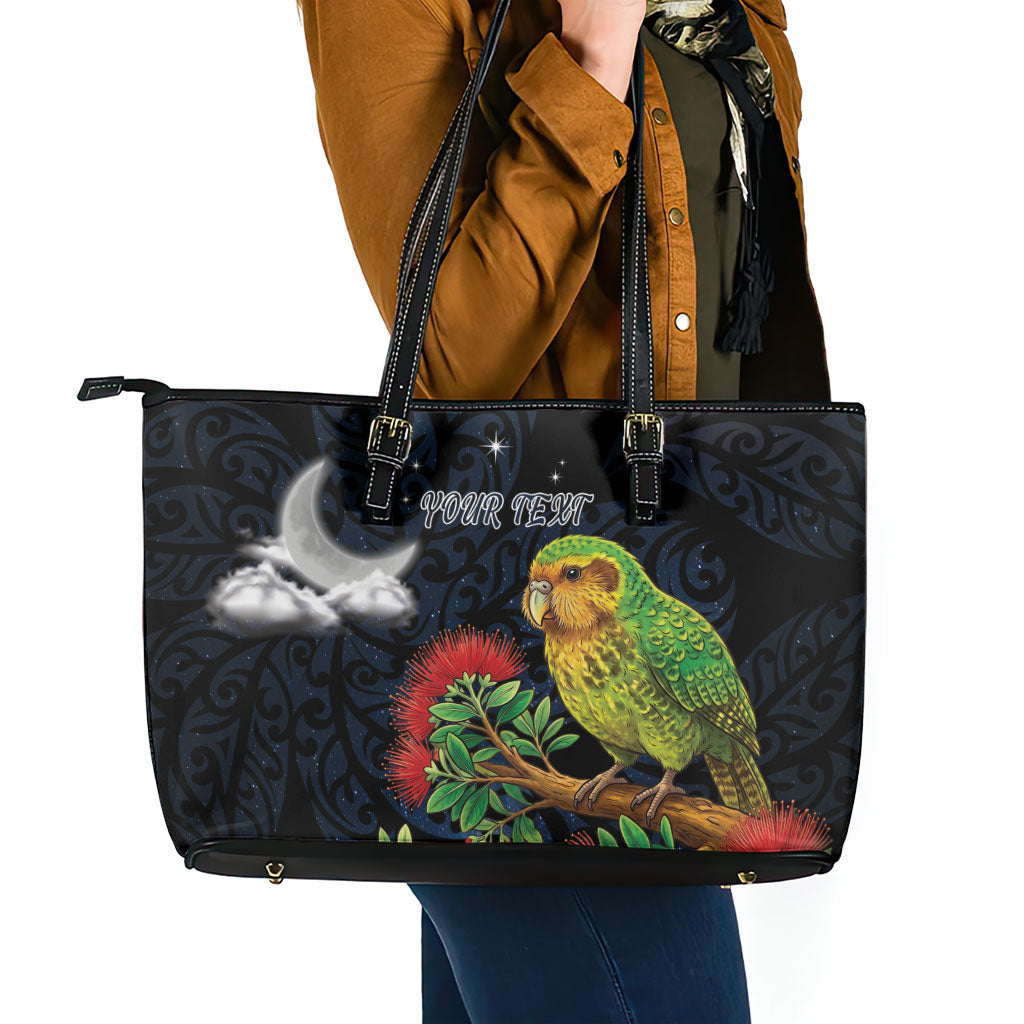 New Zealand Kakapo Matariki Personalised Leather Tote Bag Pohutukawa Flower Galaxy Maori Pattern LT22 - Polynesian Pride