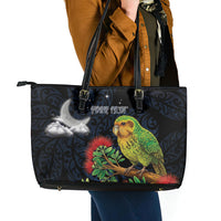 New Zealand Kakapo Matariki Personalised Leather Tote Bag Pohutukawa Flower Galaxy Maori Pattern LT22 - Polynesian Pride
