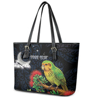 New Zealand Kakapo Matariki Personalised Leather Tote Bag Pohutukawa Flower Galaxy Maori Pattern LT22 - Polynesian Pride