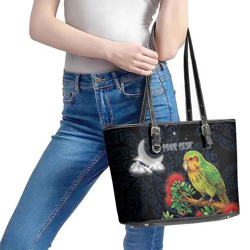 New Zealand Kakapo Matariki Personalised Leather Tote Bag Pohutukawa Flower Galaxy Maori Pattern LT22 - Polynesian Pride